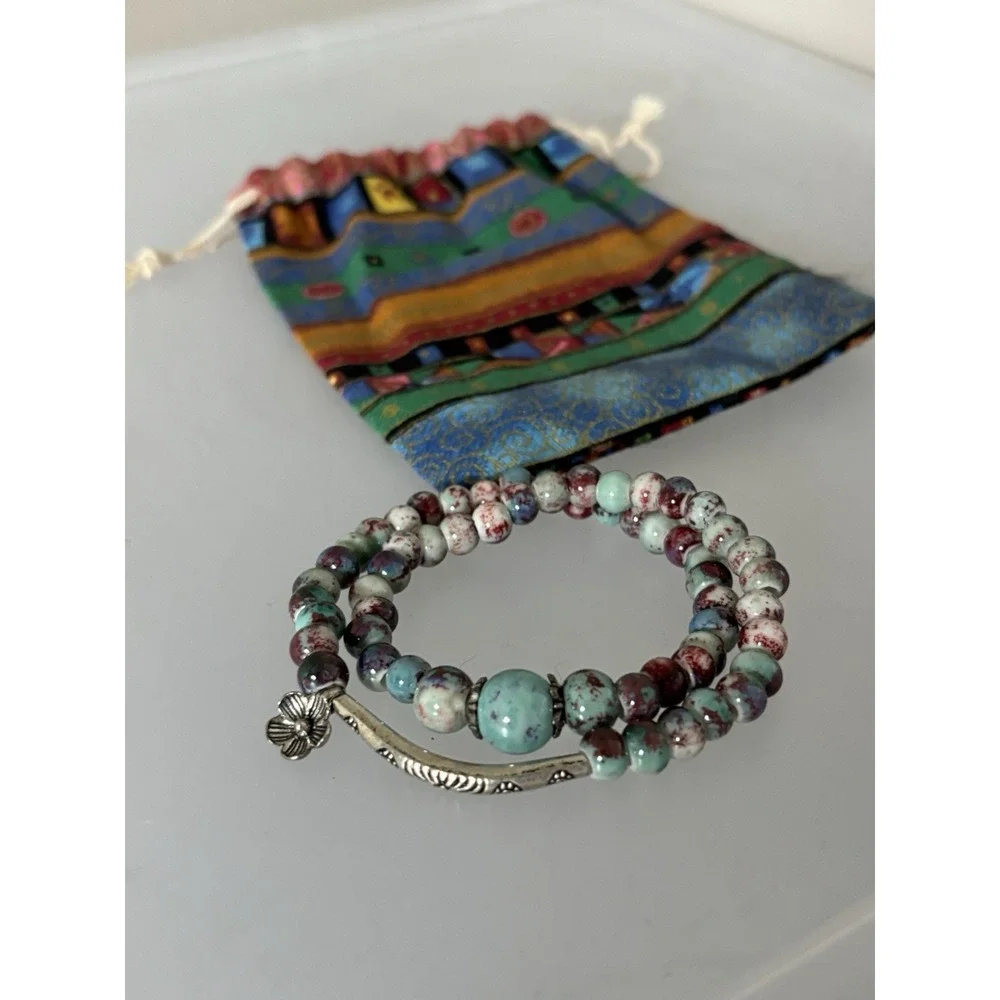 Boho Double Wrap Beaded Bracelet With Silver Bar And Flower Charm